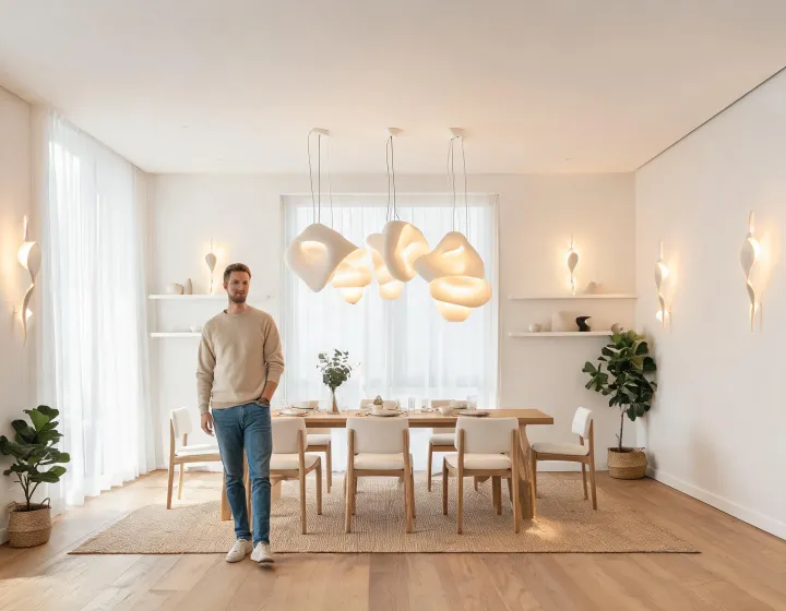Architectural hospitality interior illuminated by pendant and wall luminaires